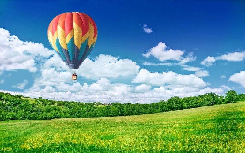Hot Air Balloon in Sky — Blue, Serene, Afternoon, Photograph, Field