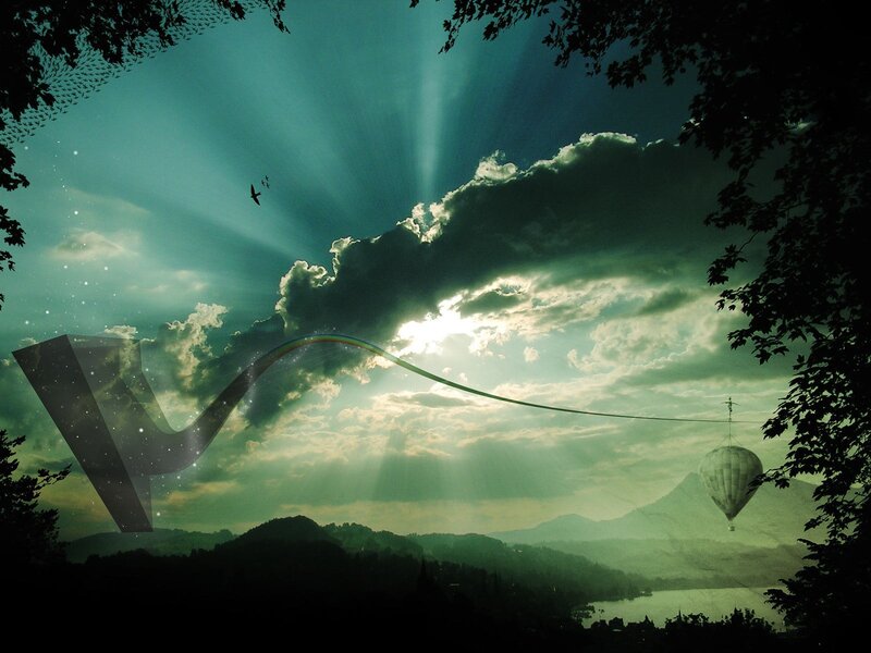 Hot Air Balloon in Sky — Green, Dramatic, Afternoon