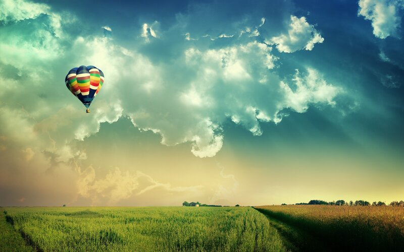 Hot Air Balloon in Sky — Green, Dramatic