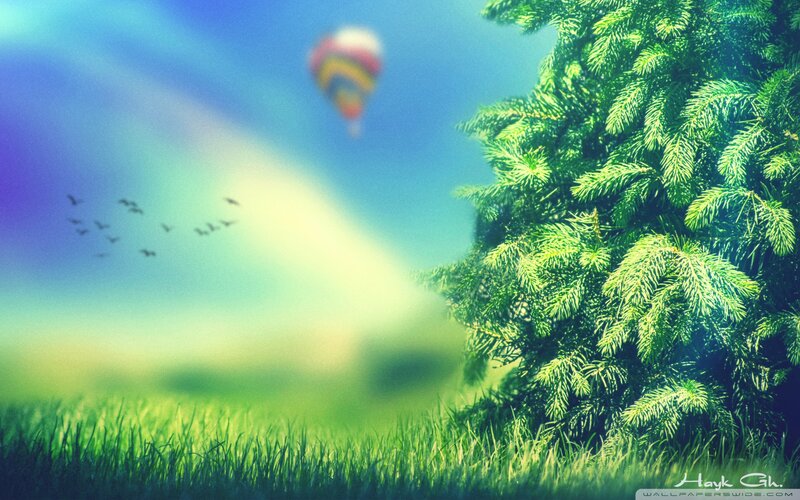 Hot Air Balloon in Sky — Green, Serene