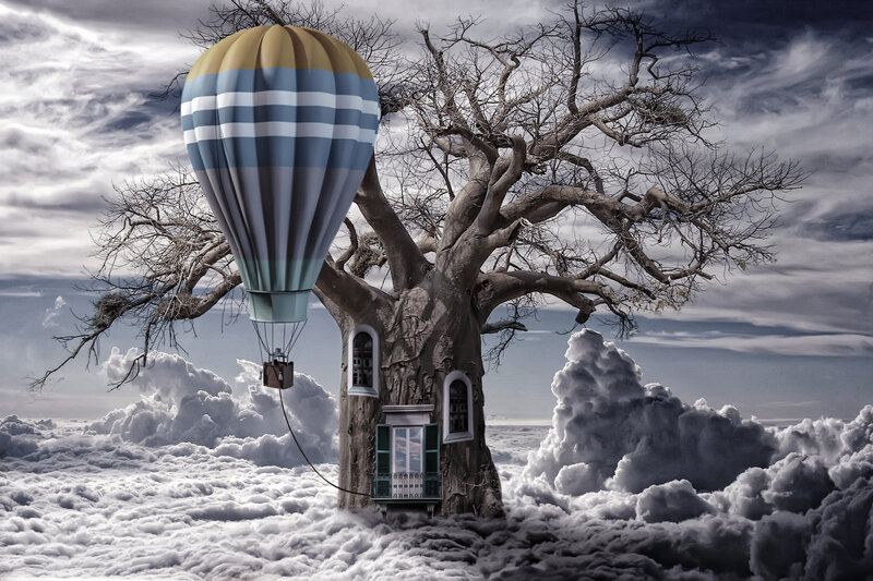 Hot air balloon near tree house
