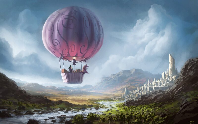 Hot air balloon over a fantasy landscape