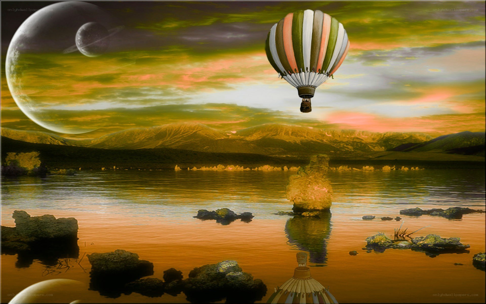 Hot air balloon over alien landscape