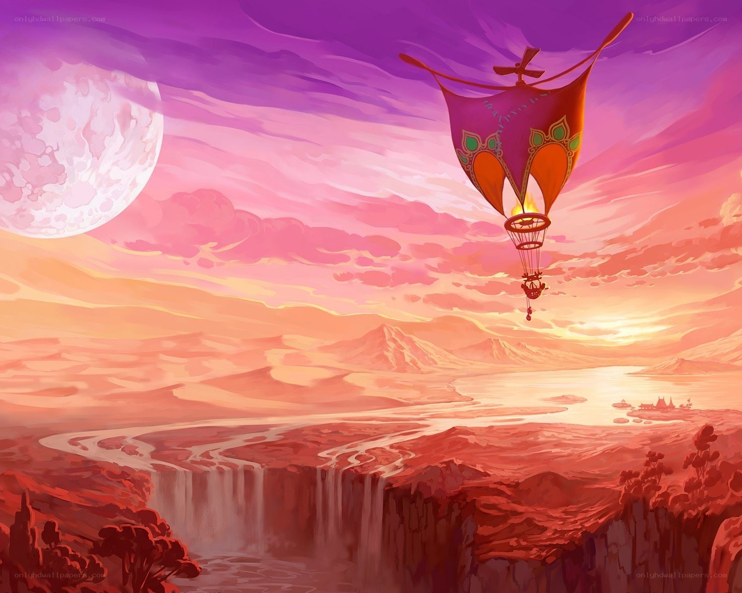 Hot air balloon over alien landscape