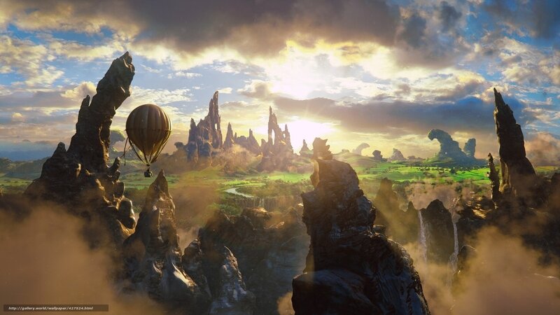 Hot air balloon over alien landscape