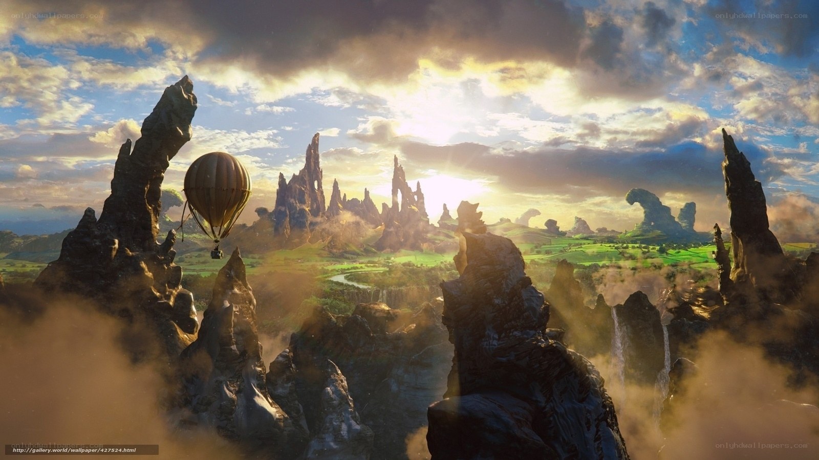 Hot air balloon over alien landscape