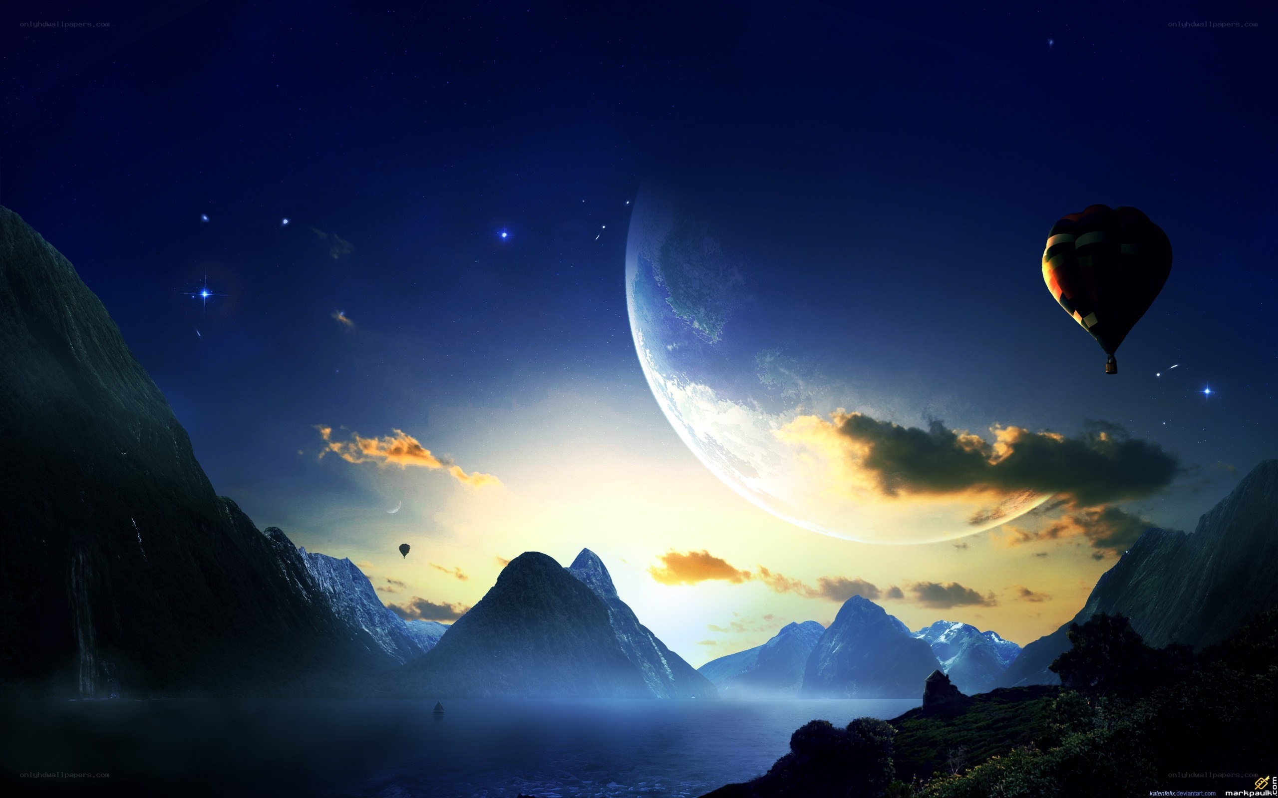 Hot air balloon over alien planet