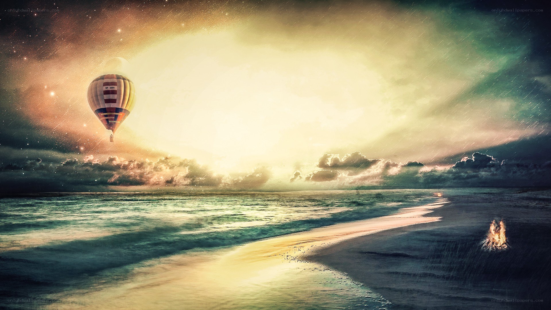 Hot air balloon over beach