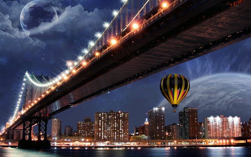 Hot Air Balloon over Bridge — Blue