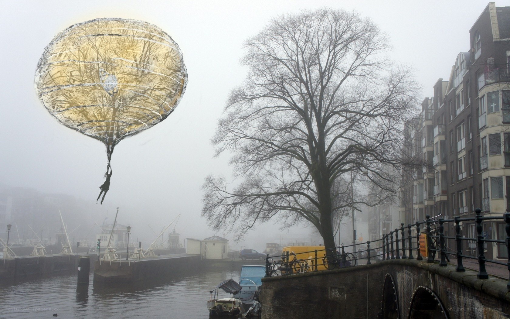 Hot air balloon over canal