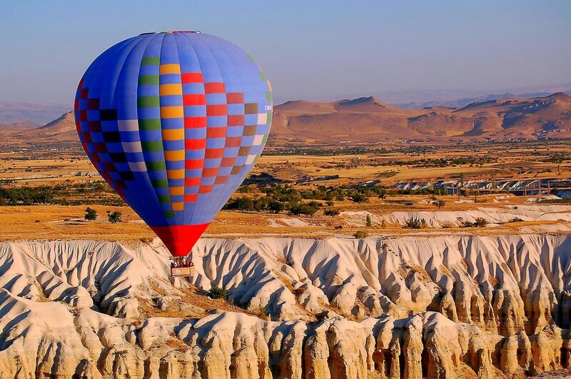 Hot Air Balloon over Canyon — Blue, Serene