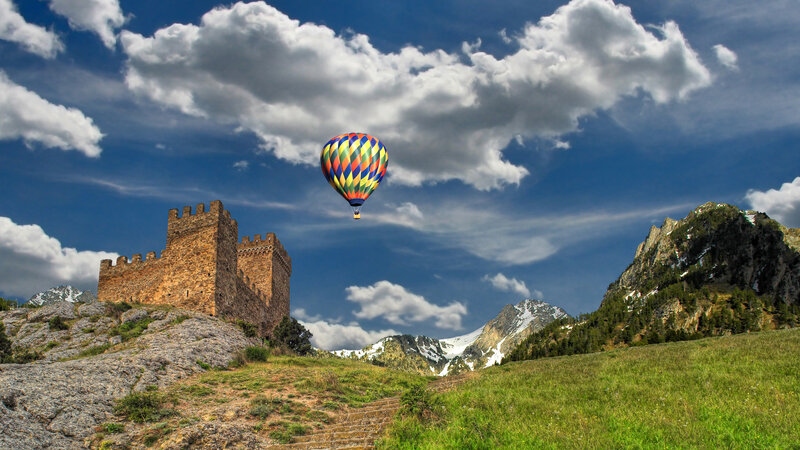 Hot Air Balloon over Castle — Blue, Dramatic