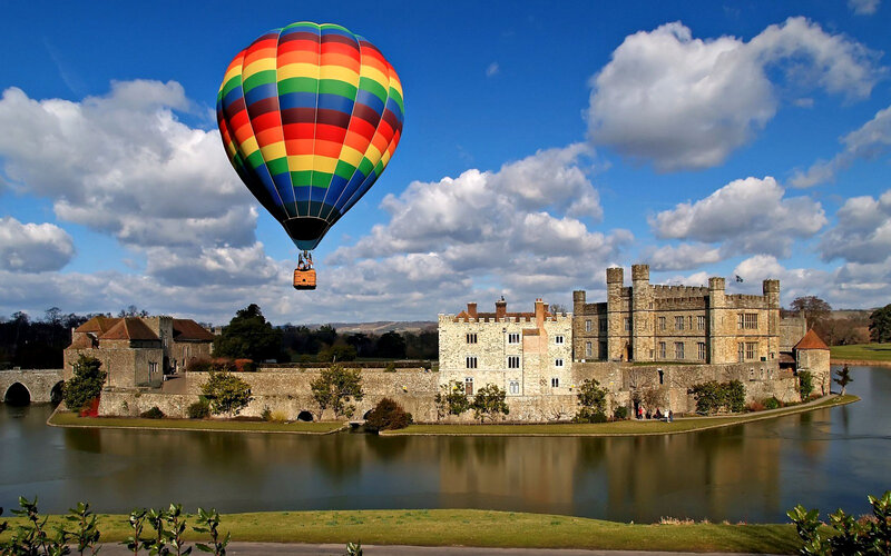 Hot Air Balloon over Castle — Blue, Serene