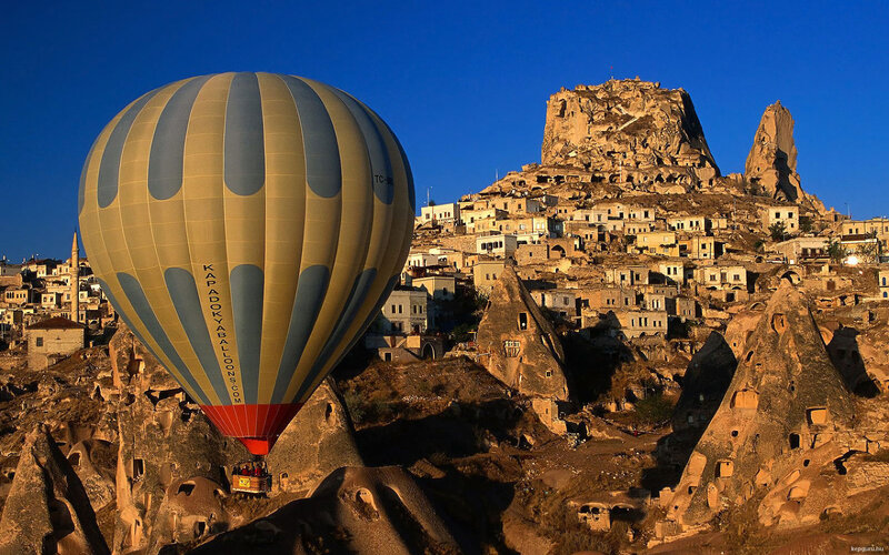 Hot Air Balloon over Cave Town — Blue