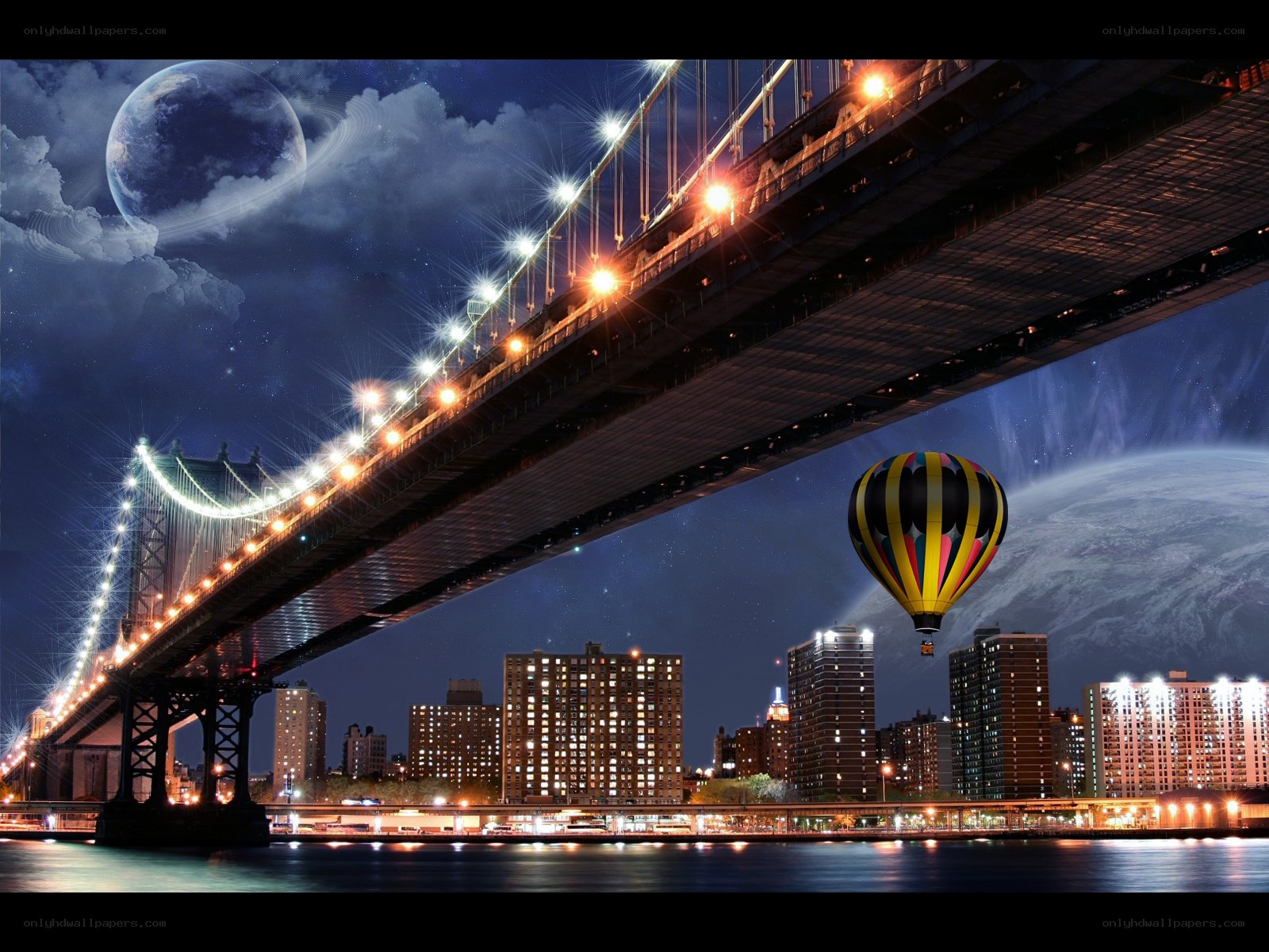 Hot air balloon over city bridge