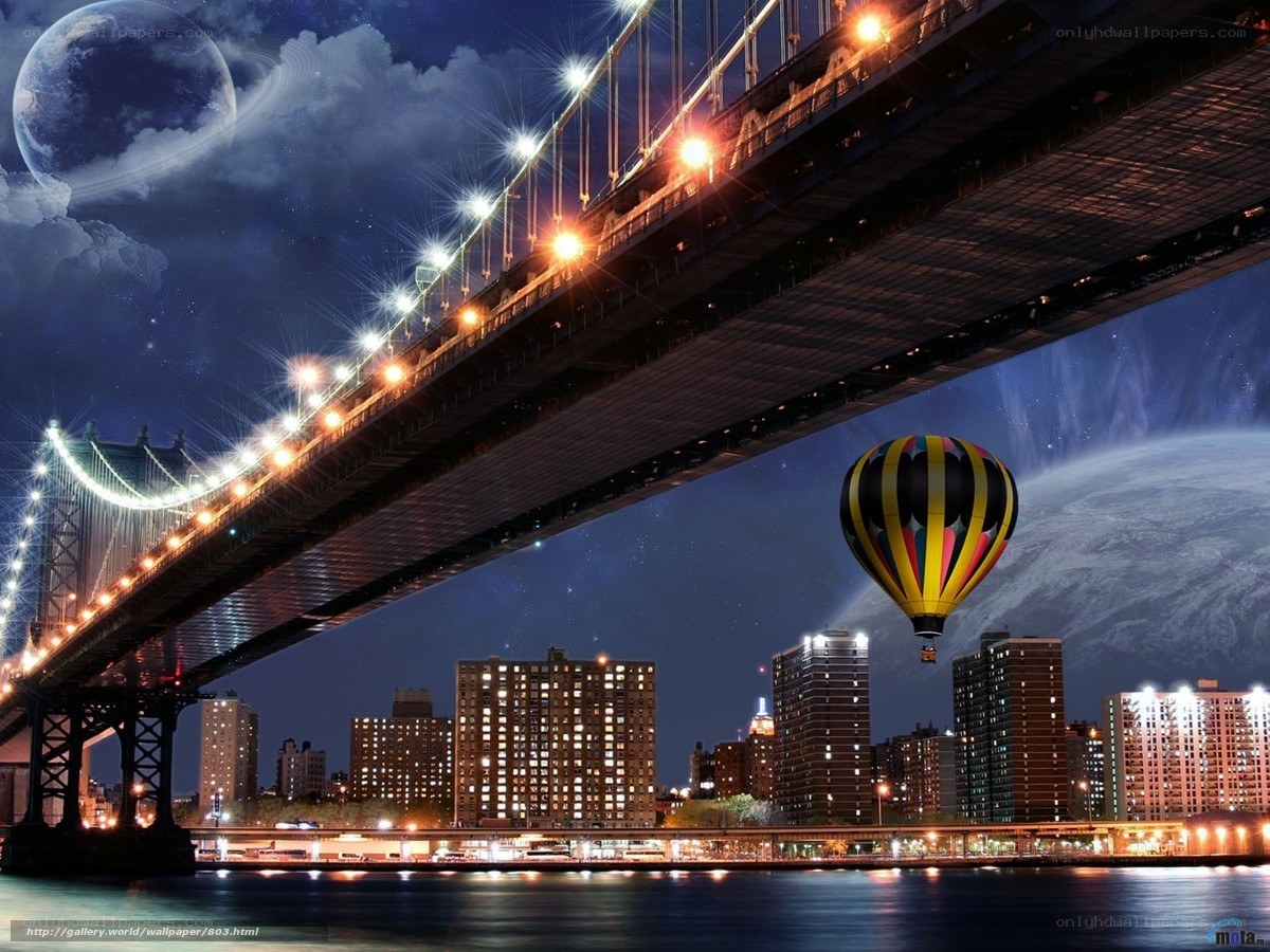 Hot air balloon over city bridge
