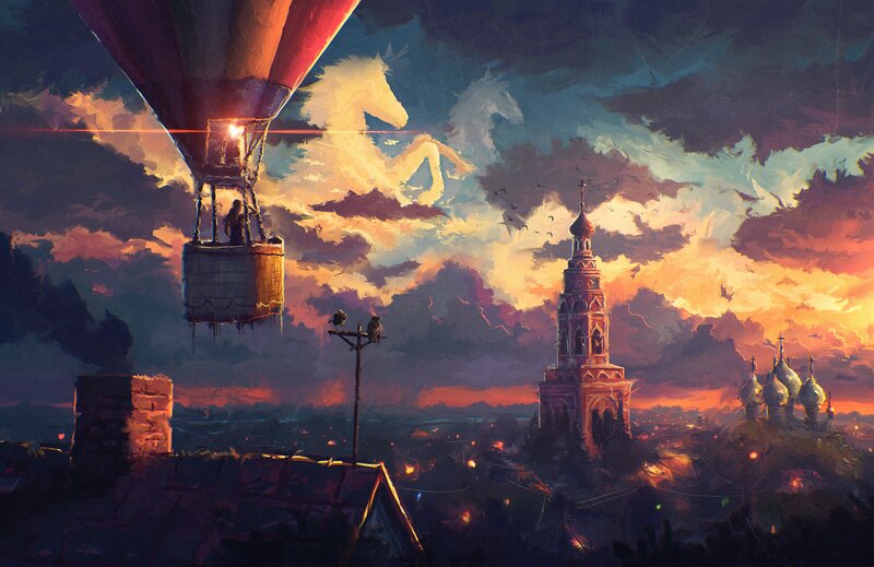 Hot Air Balloon over City — Orange, Dramatic, Sunset