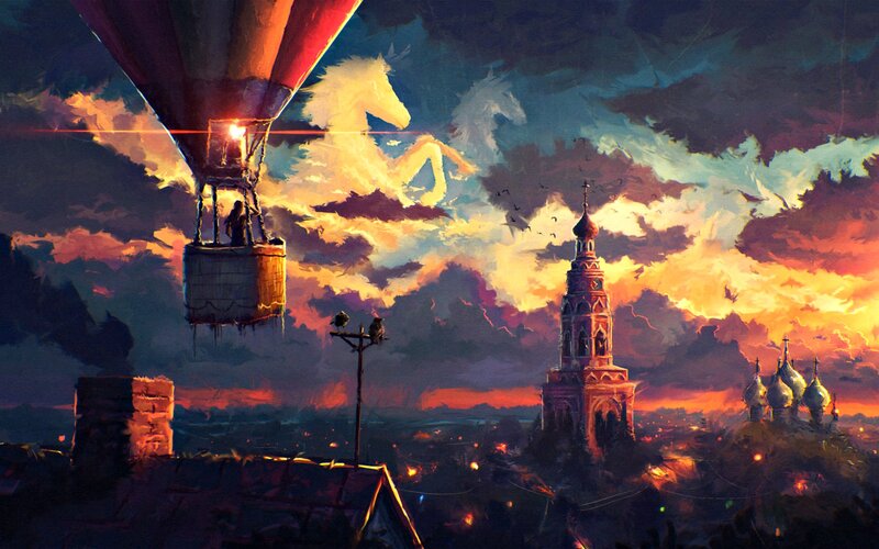 Hot Air Balloon over City — Orange, Dramatic