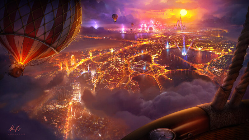 Hot Air Balloon over City — Purple
