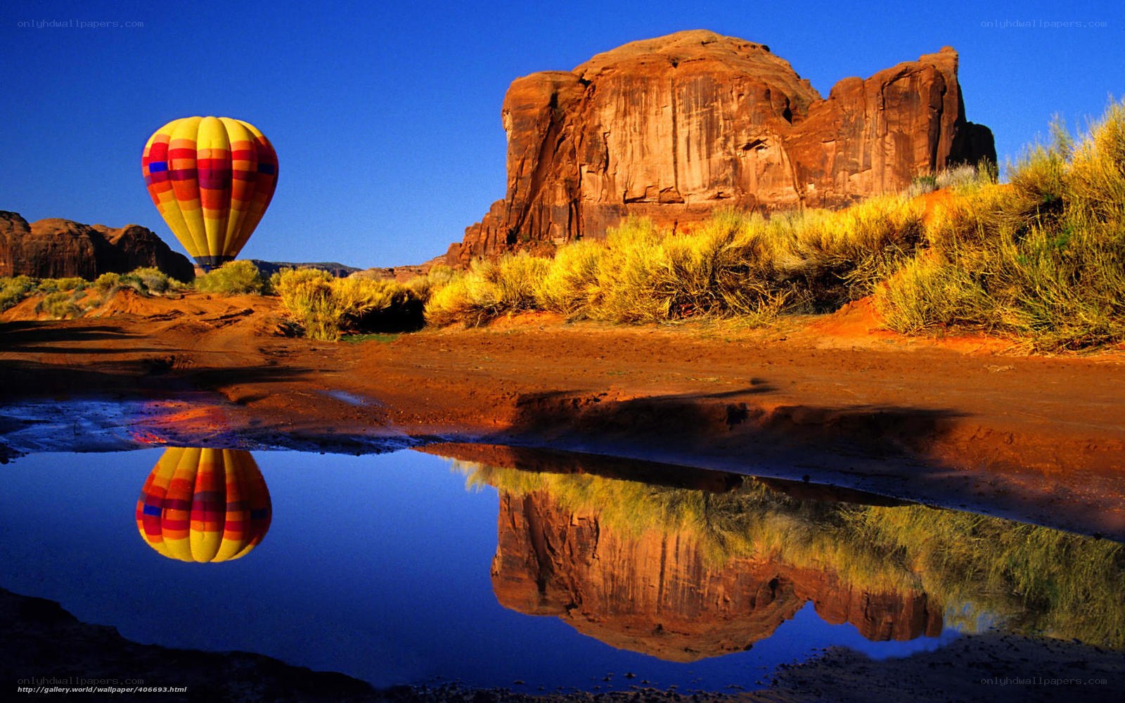 Hot air balloon over desert canyon