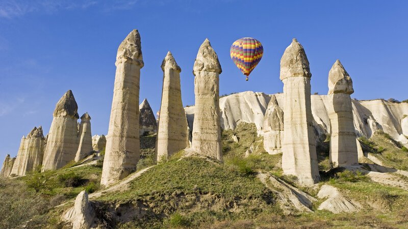 Hot air balloon over fairy chimneys