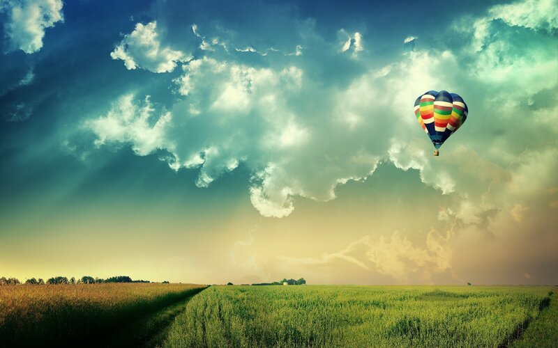 Hot Air Balloon over Field — Green, Dramatic, Sunset, Photograph