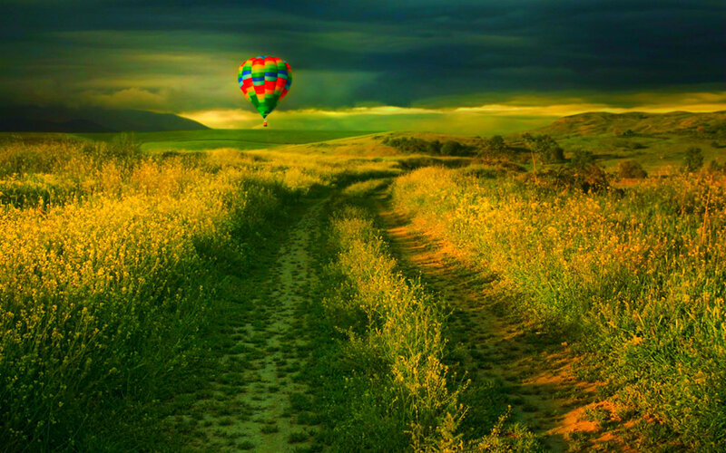 Hot Air Balloon over Field — Green, Dramatic