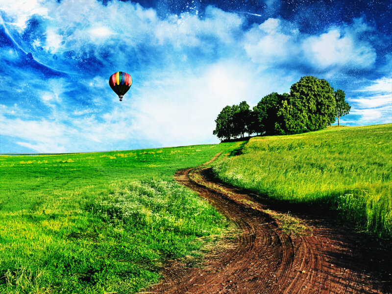 Hot Air Balloon over Field — Green, Serene, Afternoon, Digital Art, Path, Trees, Sky, Blue