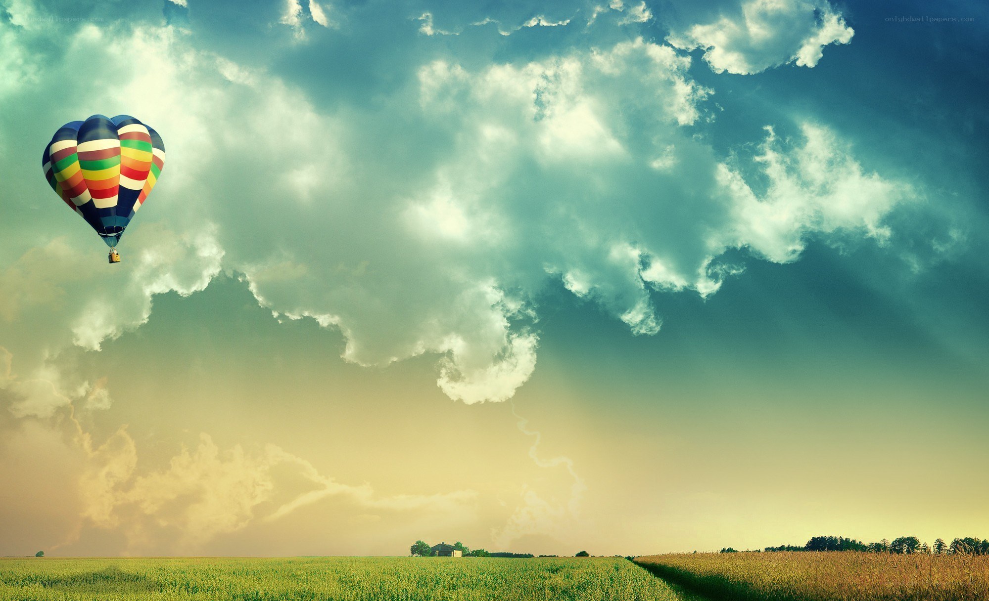 Hot air balloon over fields