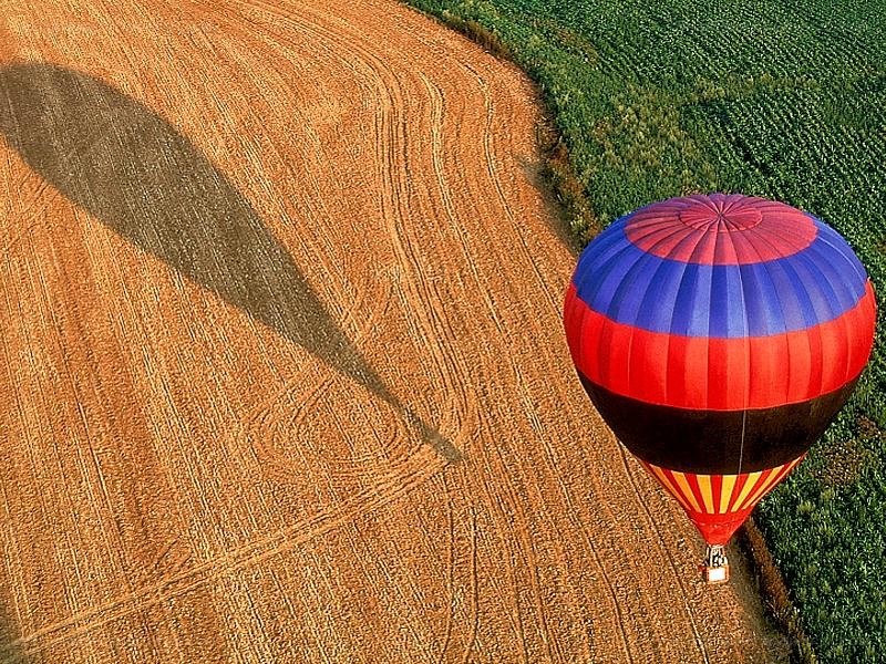 Hot air balloon over fields