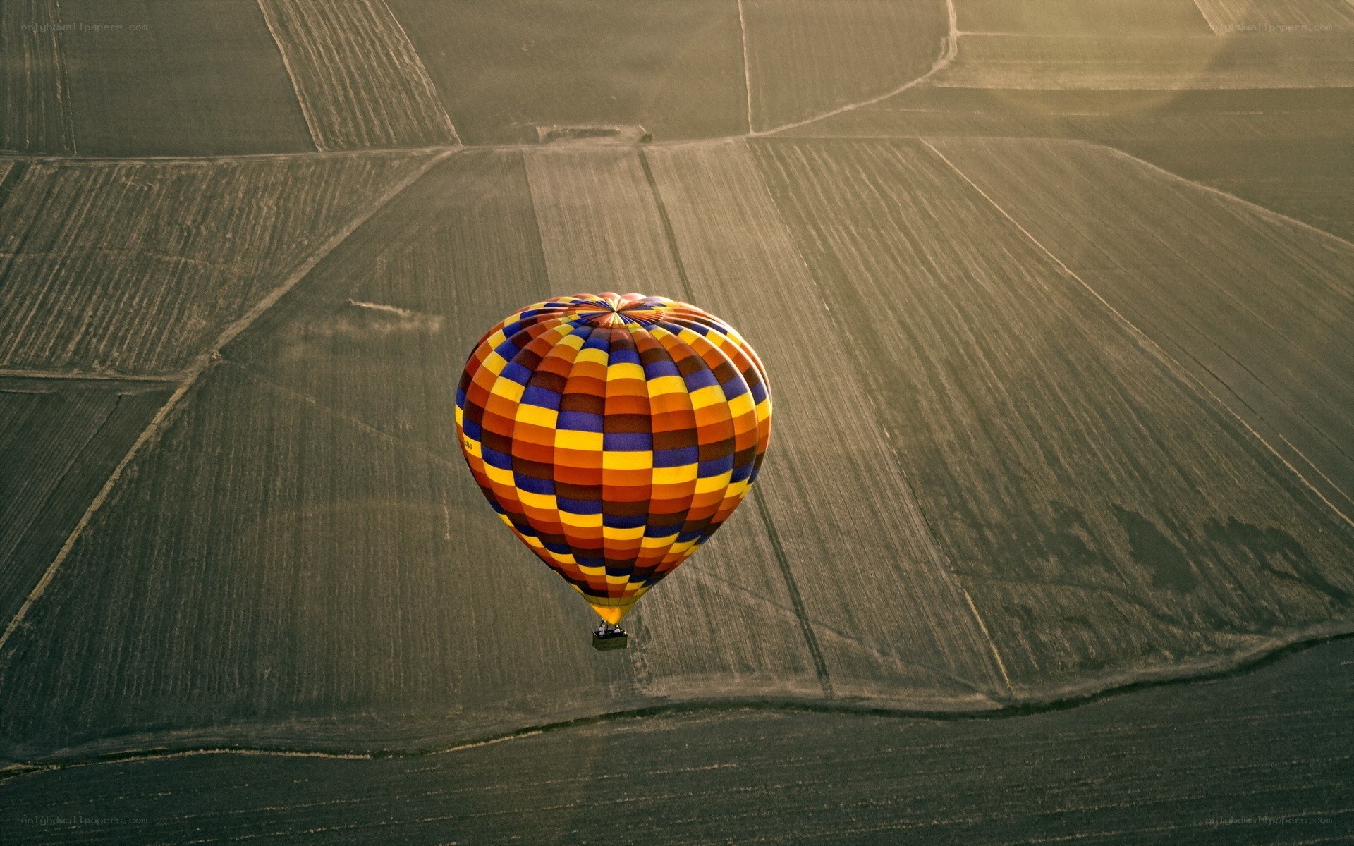 Hot air balloon over fields