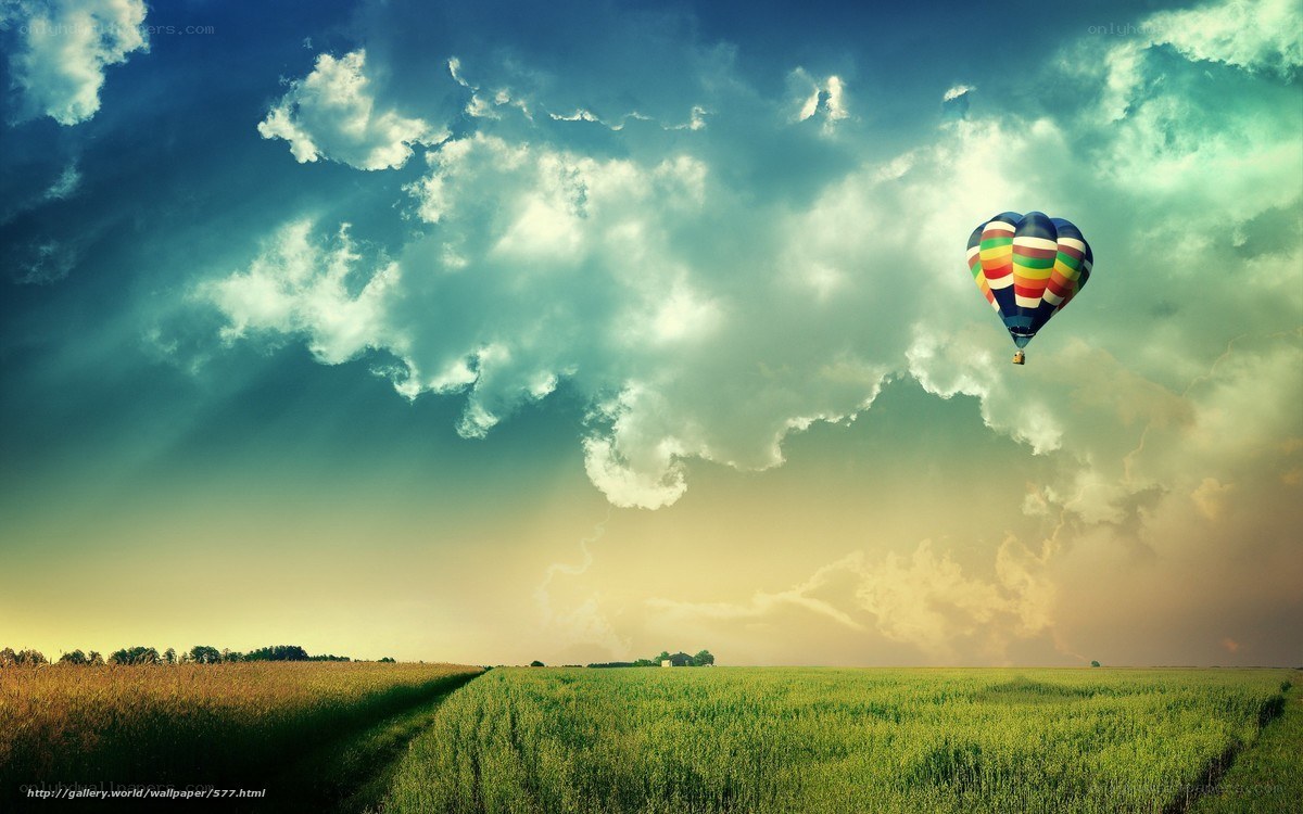 Hot air balloon over fields