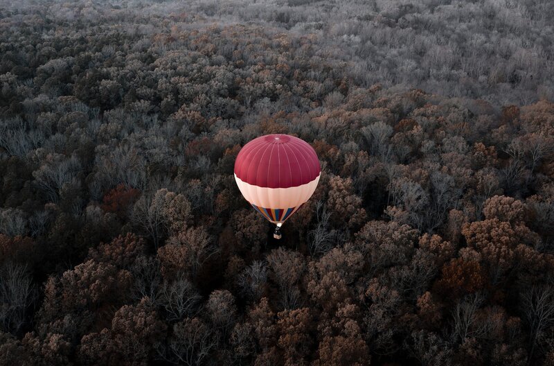 Hot Air Balloon over Forest — Red