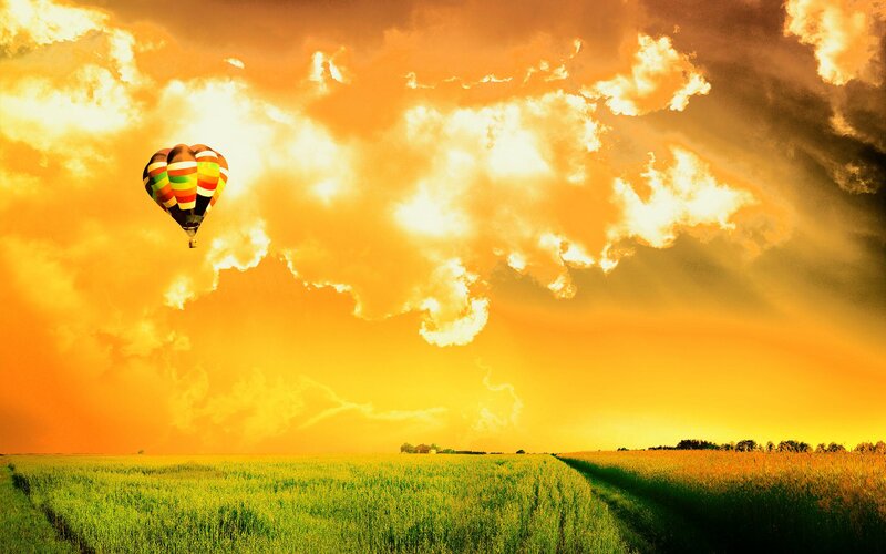 Hot air balloon over golden field
