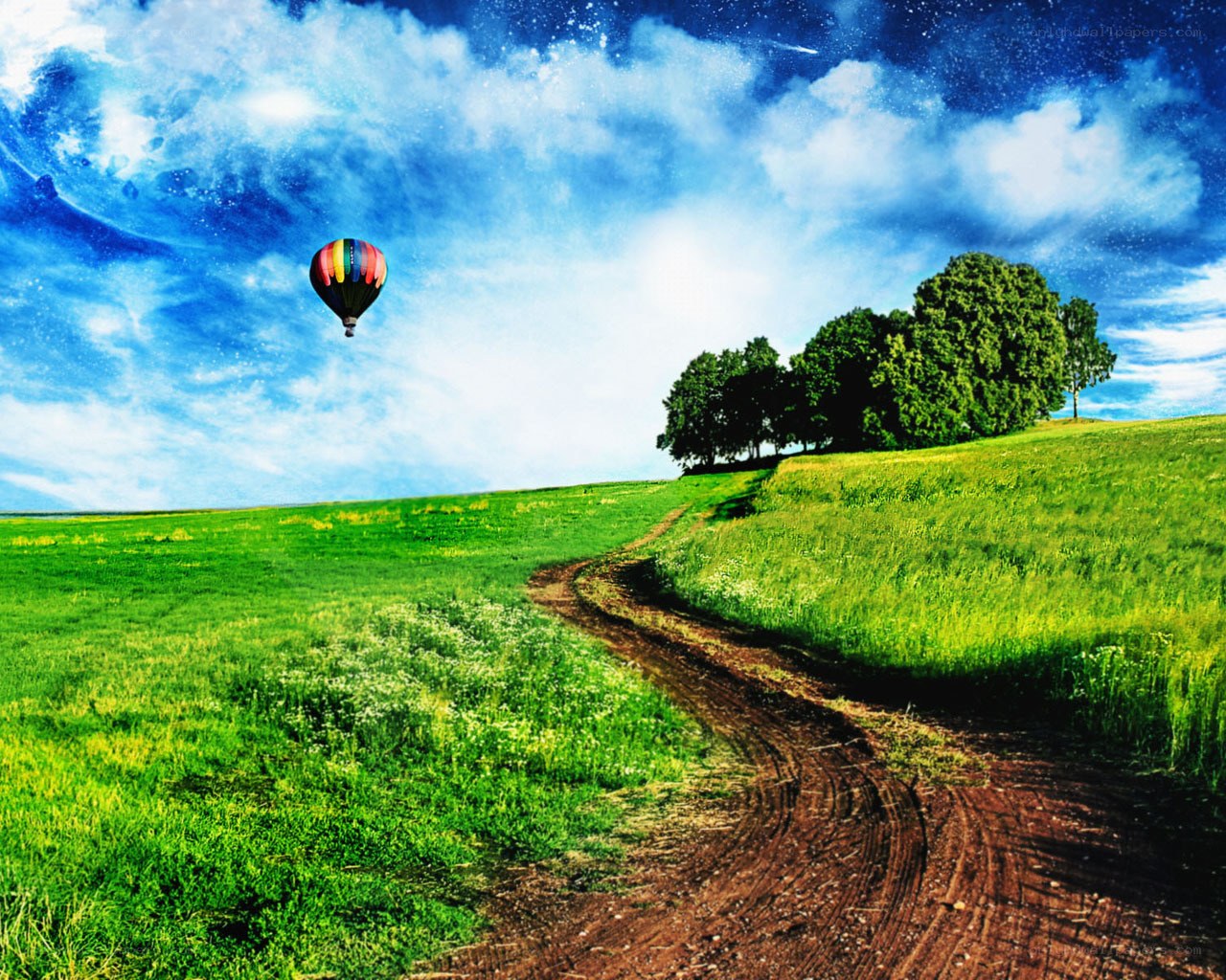 Hot air balloon over green fields