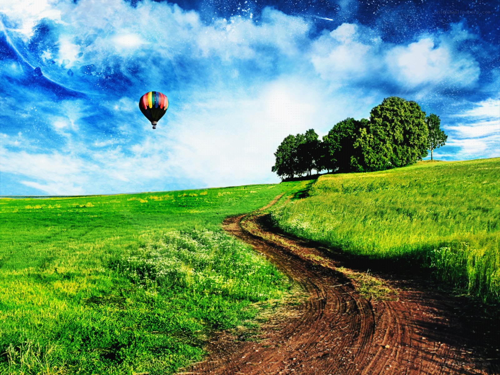 Hot air balloon over green fields