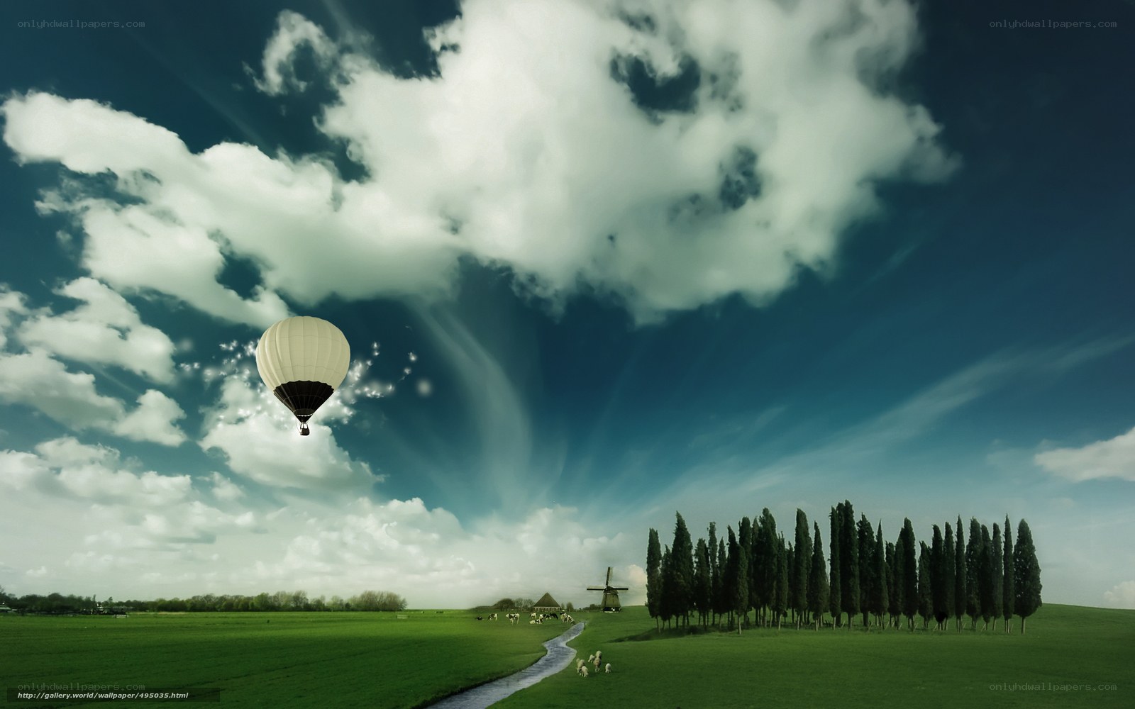 Hot air balloon over green fields