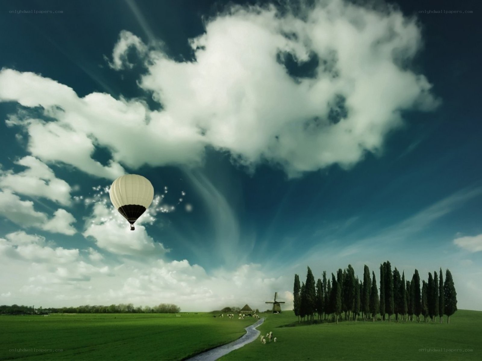 Hot air balloon over green fields