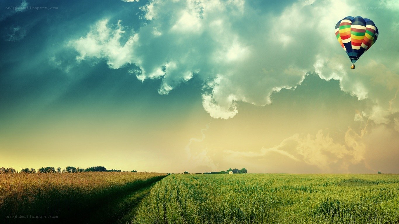 Hot air balloon over green fields