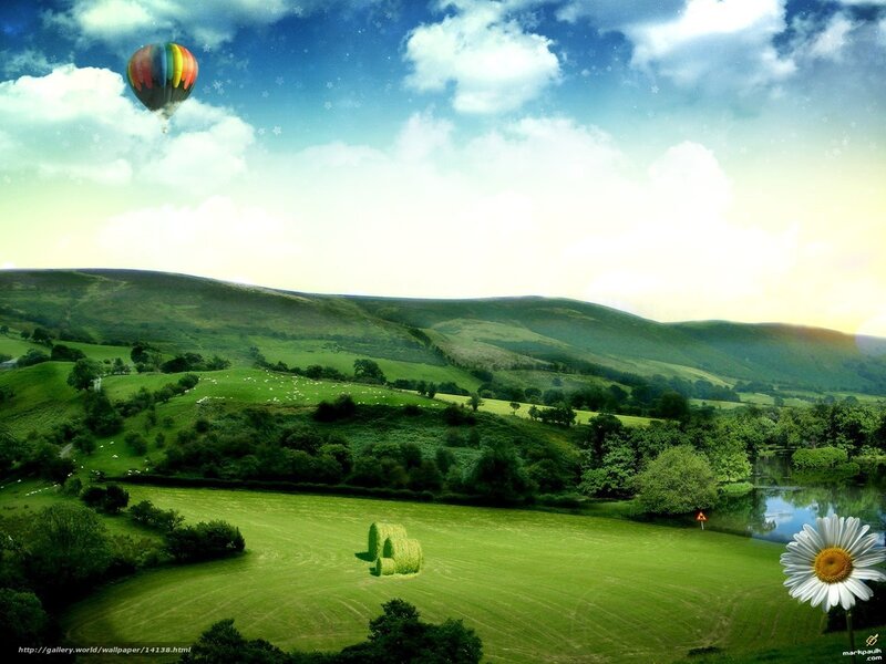 Hot air balloon over green hills