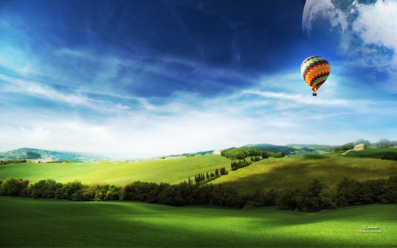 Hot Air Balloon over Hills — Green, Serene