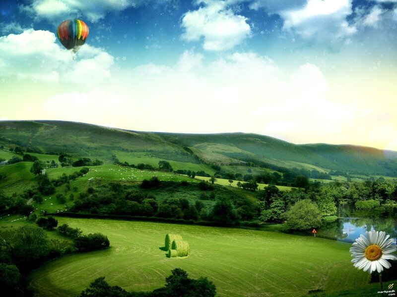 Hot Air Balloon over Hills — Green