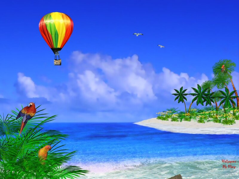 Hot Air Balloon over Island