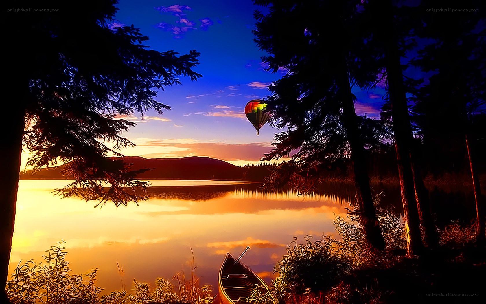 Hot air balloon over lake at sunset