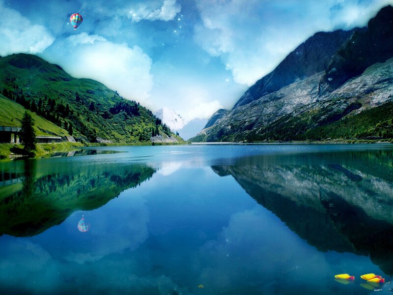 Hot Air Balloon over Lake — Blue, Serene, Morning, Digital Art