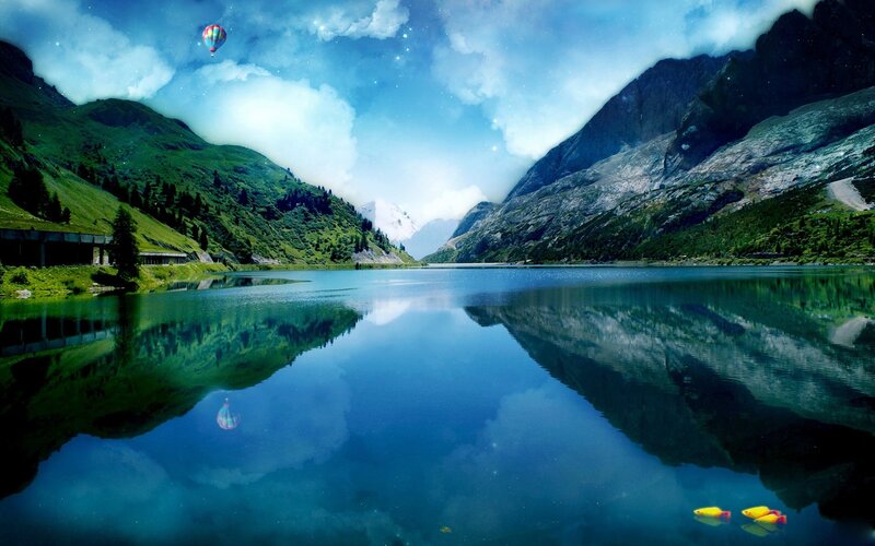 Hot Air Balloon over Lake — Blue, Serene, Night, Digital Art, Mountains, Fish