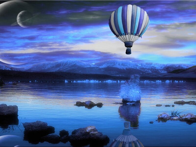 Hot Air Balloon over Lake — Blue, Serene, Night