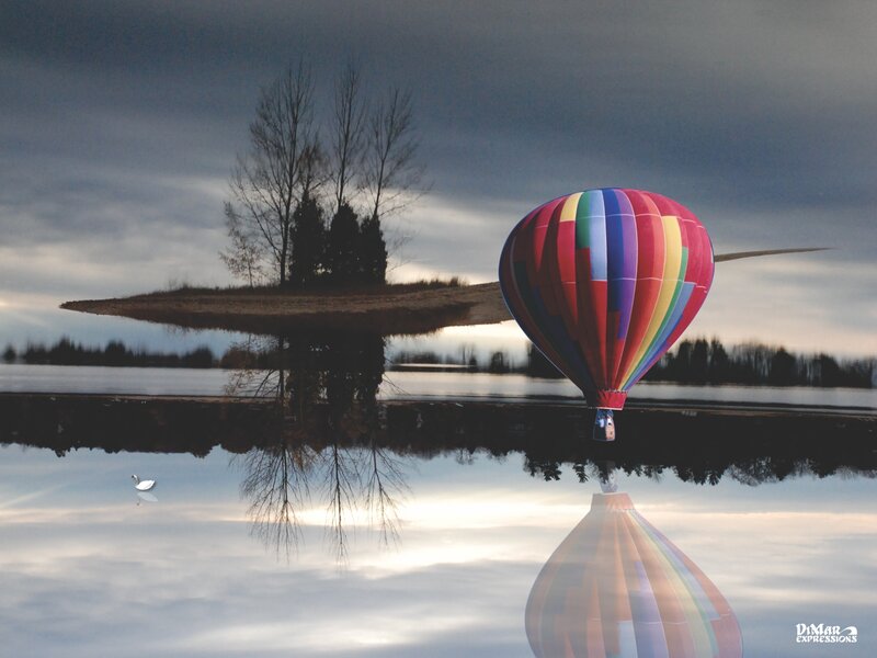 Hot Air Balloon over Lake — Blue, Serene, Sunset