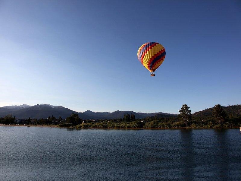 Hot Air Balloon over Lake — Blue, Serene