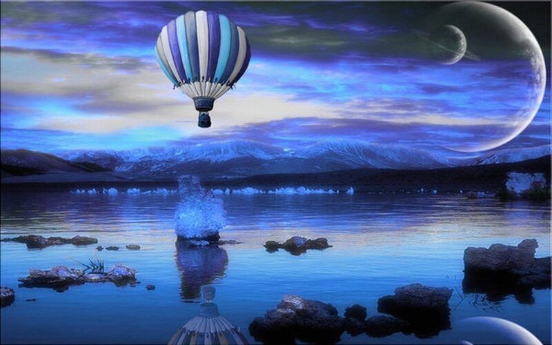 Hot Air Balloon over Lake — Blue